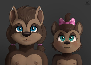 anthro blue_eyes brown_body brown_fur duo ear_piercing female front_view fur furgonomics hair loli looking_at_viewer nipples nude piercing pigtails simple_background smile teal_eyes young young_anthro zeklullaby hotel_transylvania sunny_werewolf winnie_werewolf_(hotel_transylvania) canid canine canis mammal wolf 2025 4:3 digital_drawing_(artwork) digital_media_(artwork) greyscale hi_res monochrome