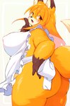 anthro apron apron_only big_breasts big_butt blonde_hair blush breasts brown_body brown_fur butt clothing cute_fangs female fingers fur hair huge_breasts kemono long_hair looking_back multicolored_body multicolored_fur nipple_outline open_mouth overweight overweight_anthro overweight_female solo tail thick_thighs two_tone_tail white_body white_fur white_tail yellow_body yellow_eyes yellow_fur yellow_tail akitaka canid canine fox mammal hi_res