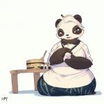 anthro big_breasts black_body black_fur breasts brown_eyes clothed clothing female food fully_clothed fur furniture hair onigiri open_mouth rice smile solo table white_body white_fur white_hair razy bear giant_panda mammal 1:1