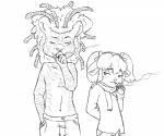 anthro duo female male simple_background smoking white_background young young_anthro domzywomzy bovid caprine domestic_sheep felid hybrid lion mammal pantherine prehistoric_species saber-toothed_tiger sheep 6:5 monochrome