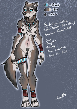 anthro black_sclera breasts crotch_tuft dark_nipples female genitals jewelry jewelry_only medium_breasts nipples nude nude_anthro nude_female pubes solo text tribal tribal_jewelry tuft vulva acev sahsinaimska_(acev) canid canine canis mammal wolf absurd_res english_text hi_res model_sheet