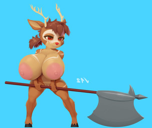 2_horns anthro areola axe battle_axe big_breasts biped blue_background breasts brown_body brown_ears brown_fur brown_hair eyebrows eyelashes feet female front_view fur genitals hair holding_object holding_weapon hooves horn huge_breasts nipples nude nude_female paint red_eyes simple_background smile solo standing thick_thighs vulva weapon wide_hips dibujosv12 deer mammal 2025 absurd_res digital_drawing_(artwork) digital_media_(artwork) hi_res