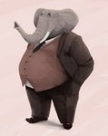 anthro belly chubby_cheeks classy clothed clothing grey_body grey_skin hand_in_pocket male necktie obese obese_anthro obese_male overweight overweight_anthro overweight_male pockets smile solo standing suit trunk tusks feedtheboss african_elephant elephant elephantid mammal proboscidean hi_res