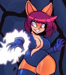 5_fingers anthro blue_background blue_clothing blue_gloves blue_handwear blue_legwear blue_thigh_highs blue_topwear breasts claws clothing electricity electricity_manipulation elemental_manipulation eyelashes female fingers front_view fur glistening glistening_clothing glistening_hair glistening_legwear glistening_thigh_highs glistening_thighs gloves hair handwear inner_boob legwear light orange_body orange_ears orange_face orange_fur purple_eyes simple_background smile solo teeth thick_thighs thigh_highs topwear qwerty_soda jackie_(psanxs) livewire_(dc) domestic_cat felid feline felis mammal 2021 absurd_res digital_drawing_(artwork) digital_media_(artwork) hi_res lighting portrait three-quarter_portrait