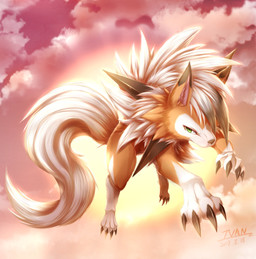 ambiguous_gender claws detailed_background feral fluffy fluffy_tail fur green_eyes looking_at_viewer orange_body orange_fur sky solo sun tail ivan-jhang nintendo pokemon canid canine dusk_lycanroc generation_7_pokemon lycanroc mammal pokemon_(species) 2017 hi_res