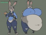 anthro before_and_after belly belly_expansion belly_overhang belly_rolls big_belly big_breasts black_eyebrows blue_bottomwear blue_clothing blue_pants blue_shirt blue_topwear bottomwear breast_expansion breasts buckteeth carrot chubby_cheeks clothed clothing expansion eyebrows fat_rolls female food grey_background grey_ears hand_on_breast hand_on_hip hand_on_own_breast hand_on_own_hip holding_carrot holding_food holding_object holding_vegetable huge_belly huge_breasts hyper hyper_belly hyper_breasts morbidly_obese morbidly_obese_anthro morbidly_obese_female navel nipple_outline obese obese_anthro obese_female open_bottomwear open_clothing open_mouth open_pants open_smile overweight overweight_anthro overweight_female pants pink_inner_ear pink_nose plant police police_uniform purple_eyes red_tongue shirt simple_background smile solo teeth tongue topwear uniform vegetable weight_gain vulpgulps disney zootopia judy_hopps lagomorph leporid mammal rabbit 2021 4:3 absurd_res colored digital_media_(artwork) hi_res