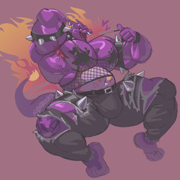 anthro armpit_hair big_bulge big_muscles big_pecs body_hair bottomwear bracelet bulge clothing ear_piercing facial_piercing fangs feet fire fishnet_clothing fishnet_tank_top flaming_tail hand_behind_head heart_symbol jewelry male muscular muscular_arms muscular_legs muscular_male nose_piercing open_mouth pants pasties pecs piercing septum_piercing solo spiked_bracelet spikes tail tape_over_nipples teeth torn_bottomwear torn_clothing torn_pants enbooka nintendo pokemon charizard generation_1_pokemon pokemon_(species) 1:1 hi_res