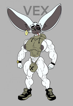 anthro big_muscles big_pecs bulge crotch_tuft detailed_bulge ear_piercing eye_patch eyewear fur green_eyes huge_pecs huge_thighs male muscular muscular_male nipples pecs piercing small_waist solo thick_thighs tuft white_body white_fur wide_hips bigsmoulder haplorhine lemur mammal monkey primate strepsirrhine hi_res