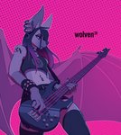 alternative_fashion anthro bass_guitar black_nose blue_body claws ear_piercing ear_ring goth guitar hair long_hair male membrane_(anatomy) membranous_wings musical_instrument navel navel_piercing pattern_background piercing playing_guitar playing_music plucked_string_instrument purple_eyes purple_wings ring_piercing simple_background solo string_instrument tattoo text wing_claws wings itswolven mars_(itswolven) bat mammal 2020 english_text signature male_(lore)