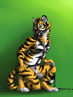 animal_genitalia anthro arm_tuft balls black_harness brown_nose cheek_tuft crouching facial_tuft fur genitals green_background green_eyes harness head_tuft holding_leash holding_object inner_ear_fluff leash male male_anthro markings muzzle_(object) muzzled nude penis penis_tip red_penis sheath shoulder_tuft simple_background slim_anthro slim_male solo striped_arms striped_legs striped_markings striped_tail stripes tail tail_markings tuft white_balls white_body white_fur white_inner_ear_fluff white_sheath yellow_body yellow_fur hufnaar ulbrek felid mammal pantherine tiger colored_sketch sketch