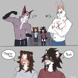 anthro areola arm_tuft athletic athletic_male barbell_piercing being_watched belly belly_tuft biceps blush blush_lines breasts chest_tuft clothed clothing crotch_lines crotch_tuft dialogue ear_piercing elbow_tuft eyebrow_piercing eyewear facial_piercing facial_tuft female fluffy fluffy_chest fluffy_hair freckled_face freckles furniture glasses group hair looking_at_another lying male motion_lines muscular muscular_anthro muscular_male navel neck_tuft nose_piercing on_front pecs piercing scar shoulder_tuft shy smile sofa speech_bubble tear_trough teeth text topless tuft kotani kotanifur marshall_(spuydjeks) miles_(spuydjeks) spuydjeks_(character) american_opossum bat hybrid hyena lagomorph leporid mammal marsupial rabbit virginia_opossum comic hi_res