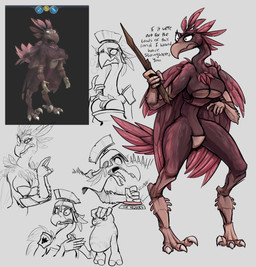 2_toes 3_toes 5_fingers ambiguous_gender angry anthro armor beak breasts brown_body brown_feathers chest_tuft cleavage clothed clothing dialogue eyelashes feathers feet female fingers frown grey_background holding_character larger_female non-mammal_breasts pink_body pink_feathers pushbutton screaming simple_background size_difference smaller_ambiguous solo surprised talons text toes tuft keadanger electronic_arts maxis_(ea) spore_(game) alien avian bean_(spore) bird 2021 3d_(artwork) absurd_res digital_media_(artwork) english_text full-length_portrait hi_res multiple_images portrait reference_image sketch sketch_page