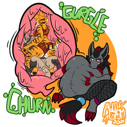 anthro belly big_belly black_hair bodily_fluids breasts clothed clothing female female_pred fur group hair internal multiple_prey simple_background sound_effects tail text trio vore awoogasm dreamworks kung_fu_panda nintendo pokemon master_tigress vaskin_(anamecuz) felid generation_4_pokemon generation_5_pokemon lucario mammal pantherine pokemon_(species) tiger zoroark 1:1 2021 absurd_res digital_media_(artwork) hi_res