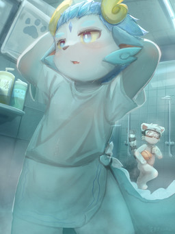 anthro ball bathroom blush blush_lines body_wash clean_aesthetic clothing detailed_fur detailed_skin diamond_(marking) droplets duo eyewear forehead fur goggles gradient hair healing_atmosphere horn inside japanese_anime_style looking_at_another male male/male markings open_mouth pink_yellow raised_arms shampoo shower shower_curtain soft_cool_lighting spiral steam thick_painting tile towel translucent_steam water wet yellow_sclera young boluoluo-sama mythology dragon humanoid mammal mythological_creature mythological_scalie procyonid raccoon scalie absurd_res detailed hi_res