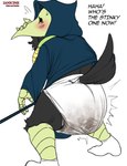 anthro beak black_body blush clothed clothing diaper diaper_use feathers feces male pooping simple_background soiled_diaper soiling soiling_diaper solo text unclean_diaper used_diaper wearing_diaper ianicine shovel_knight yacht_club_games plague_knight avian bird corvid corvus_(genus) crow oscine passerine absurd_res digital_media_(artwork) english_text hi_res