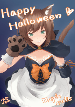 amputee blush breasts brown_hair cleavage clothed clothing costume disability eyelashes female green_eyes hair heart_symbol inner_ear_fluff looking_at_viewer smile solo teeth tuft hazuki_futahi animal_humanoid cat_humanoid felid felid_humanoid feline feline_humanoid humanoid mammal mammal_humanoid