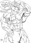 abs anthro biceps bulge clothed clothing detailed_bulge dialogue genital_outline male markings muscular muscular_anthro muscular_male pecs penis_outline pose solo text colesutra fabian canid canine canis mammal wolf english_text monochrome sketch