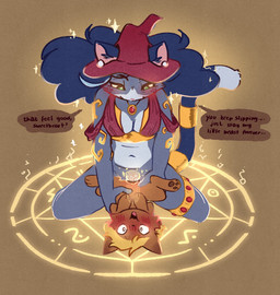 age_difference anthro breasts cleavage clothed clothing dominant dominant_female duo female female/female feral gentle_femdom hat headgear headwear interspecies jewelry lady_(yakattack) magic magic_circle magic_dildo magical_binding navel necklace older_female penetration simple_background size_difference smaller_penetrated wizard_hat younger_female younger_penetrated conditional_dnp viotailed canid felid feline mammal hi_res