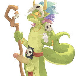 2_horns 5_fingers anthro armband balls belt big_balls blue_body blue_feathers blush blush_lines bodily_fluids body_blush bracelet countershade_arms countershade_face countershade_tail countershade_torso countershading erection facial_markings feathers fingers genital_fluids genitals glans green_balls green_body green_penis head_markings holding_object horn humanoid_genitalia humanoid_penis jewelry leaking_precum looking_at_viewer male markings motion_lines necklace nude_anthro nude_male penis penis_blush potion precum purple_body purple_feathers red_belt red_body red_eyes red_feathers red_penis simple_background skull_hat solo staff standing tail tape teeth white_background yellow_horn yellow_markings yellow_sclera regcron terraria shimmered_witch_doctor witch_doctor_(terraria) lihzahrd lizard mammal reptile scalie 1:1 2026 hi_res portrait three-quarter_portrait