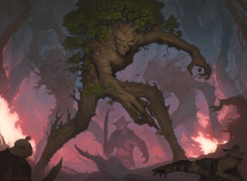 ambiguous_gender angry armor clenched_teeth fire group hair holding_melee_weapon holding_object holding_rock holding_sword holding_weapon male melee_weapon not_furry open_mouth plant size_difference sword teeth throwing_object tree violence weapon john_tedrick hasbro magic:_the_gathering wizards_of_the_coast elemental_creature flora_fauna humanoid orc treant absurd_res hi_res official_art
