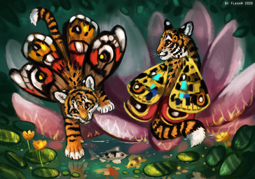 ambiguous_gender black_stripes duo feral fur orange_body orange_eyes orange_fur striped_body striped_fur stripes flashw arthropod felid hybrid insect lepidopteran mammal moth pantherine tiger 2020 digital_media_(artwork)