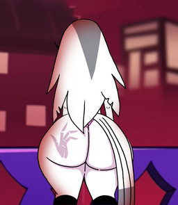 anthro balcony big_butt building butt clothing female fur hair long_hair looking_up panties skyscraper solo spank_marks spanked_butt standing underwear white_body white_fur white_hair cafe-grimful hellaverse helluva_boss stella_(helluva_boss) anatid anseriform anserinae avian avian_demon bird demon swan hi_res