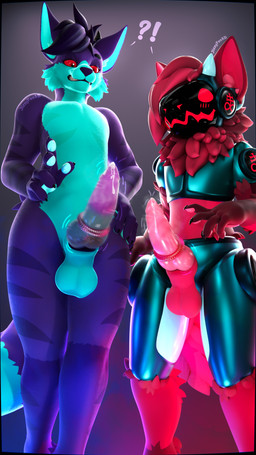 2_horns accessory animal_genitalia animal_penis anthro armor ball_size_difference balls black_background blush blush_lines bodily_fluids canine_genitalia canine_penis claws clenched_teeth cock_ring cock_ring_vibrator cum cum_drip cum_on_penis dripping duo electronics erection fingerpads fur genital_fluids genitals gradient_background gradient_penis hair headphones horn inner_ear_fluff interrobang jewelry larger_anthro larger_male leviathan_cross machine male midriff motion_blur motion_lines neck_tuft pawpads penis penis_accessory penis_jewelry penis_size_difference pink_penis protogen_armor protogen_face protogen_visor purple_body purple_fur purple_hair purple_penis red_balls red_body red_eyes red_fur red_hair red_mouth red_pawpads red_sclera red_sheath ring_vibrator sex_toy sharp_teeth sheath short_hair simple_background size_difference smaller_anthro smaller_male striped_arms striped_body striped_fur striped_thighs stripes teal_balls teal_body teal_fur teal_pawpads teal_sheath teeth throbbing throbbing_penis tuft vibrating vibrator visor jizzyfox jizzyfox_(modeler) smashingrenders_(modeler) jizzy_fox_(jizzyfox) shane_(vincead) canid canine fox mammal protogen 2026 3d_(artwork) 4k 9:16 absurd_res digital_media_(artwork) hi_res watermark