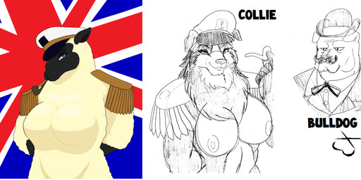 anthro big_breasts breasts clothing facial_hair female great_britain group hat headgear headwear male military_cap military_clothing mustache nipples nude smoking_pipe suit text trio union_jack world_war_2 droll3 collie_(droll3) winston_churchill border_collie bovid bulldog canid canine canis caprine collie domestic_dog herding_dog mammal mastiff molosser pastoral_dog sheep sheepdog 2012 english_description english_text sketch