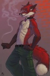 anthro belt biped bottomwear cargo_pants chest_tuft cigarette clothed clothing collar dipstick_tail fluffy fluffy_tail fur gender_symbol hair hand_on_hip looking_at_viewer male male_symbol markings multicolored_tail pants pink_eyes raised_leg red_body red_fur red_hair relaxing smoke smoking solo standing symbol tail tail_markings topless tuft two_tone_tail white_body white_fur amara_telgemeier asher_the_firefox canid canine fox mammal red_fox true_fox 2011