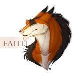 anthro black_body black_fur eyebrows fur hair male multicolored_body multicolored_fur orange_body orange_fur simple_background solo text white_background white_body white_fur yellow_eyes unistaart faith sergal english_text portrait