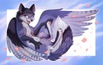 4_toes claws countershade_fur countershade_torso countershading feathers feet female feral fur grey_body grey_fur grey_tail inner_ear_fluff looking_at_viewer open_mouth open_smile pawpads paws purple_body purple_eyes purple_feathers purple_wings quadruped scuted_arms scutes simple_background smile solo tail teeth toe_claws toes tongue tuft wings ketty hioshiru_(character) enfield 2025 digital_media_(artwork)