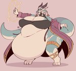 anthro belly big_belly big_breasts big_tail blue_body breasts cleavage clothed clothing ear_piercing female huge_belly huge_breasts huge_tail huge_thighs hyper hyper_belly magic markings morbidly_obese morbidly_obese_anthro morbidly_obese_female multicolored_body obese obese_anthro obese_female overweight overweight_anthro overweight_female piercing robe small_head solo standing tail text thick_thighs topwear white_body low_res_art mythology mona_(low_res_art) dragon mythological_creature mythological_scalie scalie hi_res signature