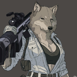 anthro breasts brown_eyes cleavage clothed clothing female gun holding_object inner_ear_fluff looking_at_viewer ranged_weapon shirt solo tank_top topwear tuft weapon velvetafterdark19 canid canine canis mammal wolf 1:1 hi_res