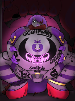 accessory ambiguous_gender anklet anthro anthro_on_feral areola balls barbell_piercing belly belly_tattoo bestiality big_areola big_belly big_breasts biped blotchy_areola blue_eyes body_writing breasts censored_eyes claws clothing cock_ring crouching duo eyelashes facial_piercing feral flaccid footwear foreskin front_view fur genitals glowing glowing_tattoo grey_body grey_fur gynomorph hair hair_over_eye high_heels holding_belly huge_areola huge_belly humanoid_genitalia humanoid_penis hyper hyper_belly hyper_pregnancy intersex jewelry leg_tattoo lipstick long_eyelashes looking_at_viewer makeup navel navel_piercing navel_tattoo nipple_piercing nipples nose_piercing nose_ring nude_anthro nude_gynomorph ownership ownership_tattoo penis penis_accessory penis_jewelry piercing pregnant pregnant_gynomorph pregnant_intersex pubic_tattoo purple_claws purple_hair purple_lipstick quadruped ring ring_piercing running_makeup shoes small_penis sperm_tattoo symbol tattoo tattoos_everywhere text thigh_tattoo womb_tattoo mcerror nintendo pokemon fan_character zor_(nya4) generation_5_pokemon pokemon_(species) scolipede shiny_pokemon zoroark 2025 3:4 absurd_res english_text hi_res male_(lore) trans_(lore) trans_woman_(lore)