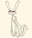 3_toes 4_fingers anthro barefoot button_(fastener) clothed clothing feet fingers front_view gloves grin handwear hindpaw long_legs male male_anthro narrow_hips overalls paws pockets rabbit_ears simple_background slim slim_anthro slim_male smile solo tan_background teeth thin_calves thin_legs thin_thighs three-quarter_view toes toony gooseworx glitch_productions the_amazing_digital_circus jax_(tadc) lagomorph leporid mammal rabbit 2024 full-length_portrait hi_res monochrome portrait sketch