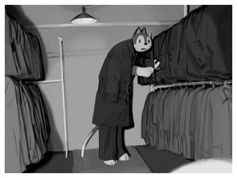anthro barefoot biped border bottomwear clothed clothing clothing_rack coat countershading feet fur fur_markings gloves_(marking) grabbing_object holding_object inside looking_at_viewer male markings pants paws solo surprised tail topwear trenchcoat white_border qs75834 animal_crossing nintendo rudy_(animal_crossing) felid feline mammal digital_media_(artwork) monochrome