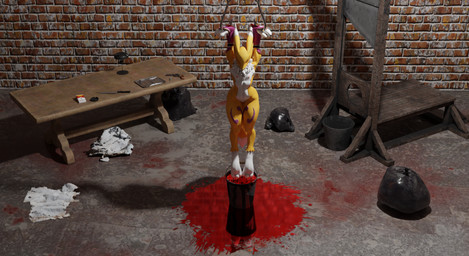 andromorph anthro ashtray bag basement blood bodily_fluids bucket chain cigarette clothing container death fingerless_gloves fur genitals gloves gore guillotine gun handgun handwear hook intersex knife purple_body purple_fur ranged_weapon revolver snuff solo text torture torture_device trash trash_bag vulva weapon white_body white_fur yellow_body yellow_fur adamsandlerhater warfaremachine_(modeler) bandai_namco blender_cycles digimon digimon_(species) renamon 3d_(artwork) blender_(artwork) digital_media_(artwork) english_text hi_res trans_(lore) trans_man_(lore)