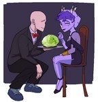 anthro bald black_tie_(suit) bow_tie breasts cabbage clothed clothing dress duo eyes_closed facial_horn featureless_face female food freckles hair horn horn_jewelry jewelry male markings medium_breasts plant purple_body purple_hair suit vegetable zangeiti cavemanon_studios goodbye_volcano_high snoot_game anon_(snoot_game) trish_(gvh) ceratopsian dinosaur human mammal ornithischian prehistoric_species reptile scalie triceratops