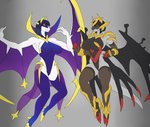 anthro black_body black_hair blue_hair breasts claws duo female grey_body hair multicolored_body multicolored_hair purple_body red_body red_eyes simple_background smile tail two_tone_hair white_body white_eyes wings link2004 nintendo pokemon generation_4_pokemon generation_7_pokemon giratina legendary_pokemon lunala pokemon_(species) hi_res model_sheet