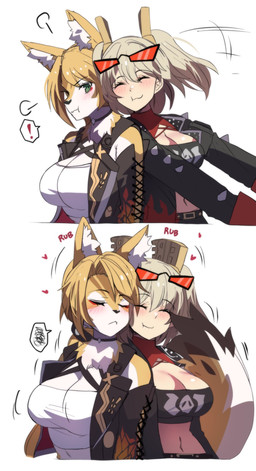 annoyed anthro big_breasts blonde_hair blush breasts cheeks_touching cleavage clothed clothing duo exclamation_point eyes_closed eyewear eyewear_on_head female female/female fur green_eyes hair heart_symbol jacket leather leather_clothing leather_jacket leather_topwear midriff navel open_clothing open_jacket open_topwear pigtails rubbing_cheek rubbing_face simple_background smile sunglasses tail tail_motion tail_rub tailwag text topwear white_background white_body white_fur white_hair yellow_body yellow_fur princess_hinghoi mihoyo zenless_zone_zero burnice_white pulchra_fellini felid feline human mammal thiren 2025 digital_media_(artwork) hi_res