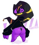 black_clothing black_eyes black_jacket black_panties black_topwear black_underwear butt clothed clothing eye_markings female jacket looking_aside markings not_furry one_eye_closed open_zipper panties polka_dot_panties purple_body purple_butt purple_fingers purple_markings purple_sclera purple_skin smile solo teeth text thick_thighs topwear underwear wink yellow_teeth zipper zipper_mouth gats nintendo pokemon generation_6_pokemon humanoid mega_banette mega_evolution pokemon_(species)