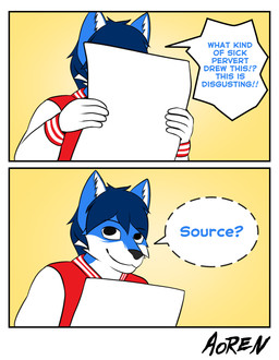 anthro black_nose blue_body blue_fur blue_hair clothed clothing comic_panel dialogue fur hair jacket letterman_jacket male multicolored_body multicolored_fur paper smile smirk solo speech_bubble text topwear white_body white_fur aorenfoxy aoren canid canine fox mammal comic english_text hi_res