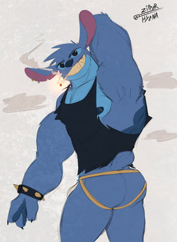 3_fingers anthro anthrofied back_markings black_eyes blue_body blue_claws blue_eyebrows blue_fur blue_markings blue_nipples blue_nose bracelet bulge butt butt_pose cigarette cigarette_smoke claws clothing ear_piercing ear_ring eyebrows fingers fur grin hand_behind_head jewelry jockstrap looking_at_viewer male markings muscular muscular_anthro muscular_male nipple_piercing nipples notched_ear piercing pose ring_piercing sharp_teeth shirt smile smoke smoking solo spiked_bracelet spikes tank_top teeth topwear torn_clothing underwear zipperhyena disney lilo_and_stitch himbo_stitch stitch_(lilo_and_stitch) alien experiment_(lilo_and_stitch) 2021 hi_res