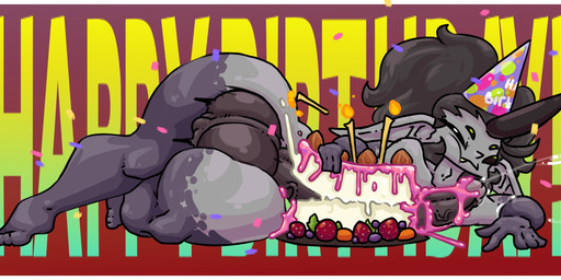 4_eyes balls big_balls big_butt big_penis birthday birthday_cake black_hair bodily_fluids border butt cake clothing cum dessert food food_fetish food_play fruit genital_fluids genitals grey_body hair hat headgear headwear horn huge_balls huge_penis hyper hyper_genitalia lying male multi_eye nude on_side party_hat penis plant pointy_ears solo strawberry text thick_thighs white_border wide_hips limetentacle lime_(limetentacle) horned_humanoid humanoid hi_res