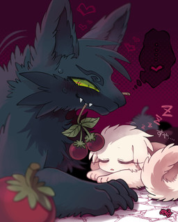 3_toes 4_toes ambiguous/ambiguous ambiguous_feral ambiguous_gender black_body black_claws black_ears black_fur black_inner_ear blush blush_lines bodily_fluids cheek_tuft cherry claws duo eyes_closed facial_tuft fangs feet feral feral_on_feral floppy_ears fluffy fluffy_tail food fruit fur green_eyes green_pupils green_sclera head_tuft heart_symbol hearts_around_head kemono larger_ambiguous larger_feral looking_at_another lop_ears lying monotone_body monotone_fur monotone_tail mouth_hold on_front plant predator/prey pupils purple_background simple_background size_difference sleeping smaller_ambiguous smaller_feral snout sound_effects sweat sweatdrop tail teeth text thought_bubble toe_claws toes tuft vowelless vowelless_sound_effect white_body white_ears white_fur white_tail zzz mekkyaru black_monster_(mekkyaru) inochi_(mekkyaru) canid canine lagomorph mammal 4:5 colored digital_media_(artwork) hi_res japanese_text shaded signature
