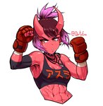 abs action_pose athletic athletic_female athletic_humanoid bodily_fluids bra breasts clothed clothing ear_piercing female fighting_gloves hair handwear horn jewelry medium_breasts muscular muscular_female navel necklace not_furry occult_symbol pentacle pentacle_necklace piercing pose pupils purple_hair red_body red_eyes red_skin short_hair simple_background slit_pupils solo sports_bra sweat symbol tomboy underwear white_background yellow_eyes dirtyero asura_(dirtyero) demon horned_humanoid humanoid artist_name half-length_portrait portrait