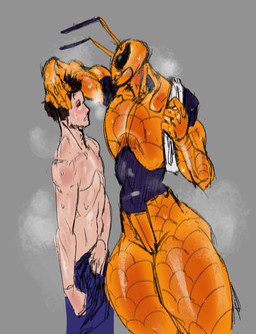 antennae_(anatomy) anthro black_eyes blush bodily_fluids compound_eyes dominant dominant_female duo exoskeleton female female_anthro flat_chested grey_background larger_anthro larger_female male male/female male_human mandibles mostly_nude multicolored_body muscular muscular_female musk musky_armpit nude orange_body shy simple_background size_difference smaller_human smaller_male sweat sun_bug hornet_girl_(sun_bug) arthropod hornet human hymenopteran insect mammal vespid wasp hi_res sketch