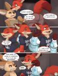 2016 anthro bent_over canid canine clothed clothing comic dialogue disney dress duo ellipsis english_text eye_contact fennec_fox finnick_(zootopia) fox glare hi_res hindpaw holding_clothing holding_object humor looking_at_another male mammal midriff nick_wilde pawpads paws red_fox seth-iova sitting snarling speech_bubble surprise text true_fox zootopia