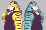 anthro belly blue_body blue_fur candy chocolate clothing dessert duo food fur ice_cream kemono male shirt slightly_chubby topwear white_body white_fur yellow_body yellow_fur un0sk felid mammal pantherine tiger 2016