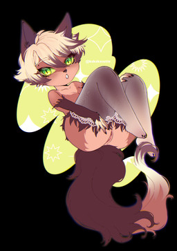 abstract_background anthro blonde_hair brown_body brown_fur brown_hair brown_tail chibi clothing ear_piercing ear_stud female female_anthro fur gauged_ear genitals glistening glistening_eyes green_eyes green_sclera hair humanoid_genitalia humanoid_vulva legwear looking_at_viewer mostly_nude multicolored_hair orange_body orange_fur piercing solo tail two_tone_hair vulva sonyan hi_res